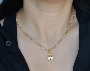 14K Gold Filled Lock Necklace with Crystal Charm Love Box Earrings Good Luck Longevity Blessing Necklace Set - Waterproof Gift Jewelry