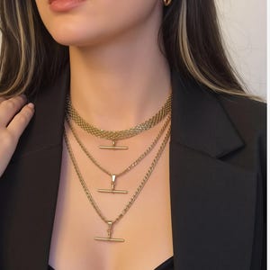 14K Gold Filled  Toggle T Bar Retro Gold Necklace,Dainty Vintage Layered Necklace,Handmade Herringbone Waterproof Chain,Gift For Her Jewelry