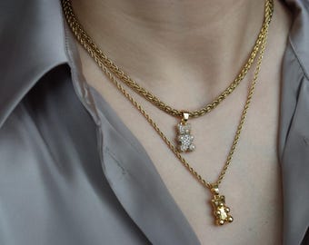 18K Gold Bear Charm Pendant Teddy Bear Crystal Animal Necklace Choker Necklace Waterproof Jewelry Birthday Christmas Gift for Her Women Girl