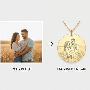 Engraved Photo Necklace: Personalized Photo or Text Gold WATERPROOF Chain Necklace Line Art Photo Image Necklace Gift For Her Christmas Gift