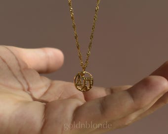 Gold Filled City Necklace, Gold Circle Charm Necklace, New York, London, Paris, Los Angeles, Tokyo, Sydney, Chicago, WATERPROOF