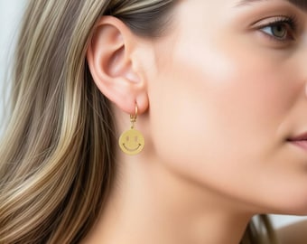 Gold Smiley Face Charm Earrings Jewelry ・ Emoji Solid Hoop Earrings Joy Waterproof Gift Personalized Necklace Christmas Happy Day Gift Girl