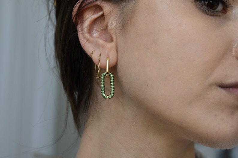 Gold Filled Huggies Earrings Emerald Zircon Crystal White Drop Earrings Elegant Hoop Handmade Waterproof Minimalist Her Woman Best Gift image 6