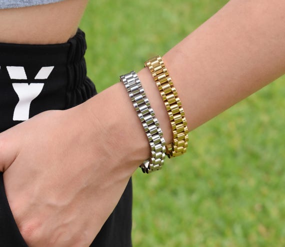 Gold Watch Link Bracelet Waterproof Customized Personalized Name Engraving Jewelry Women Bracelet Men Bracelets Cuff Bangle Hot Summer Gift