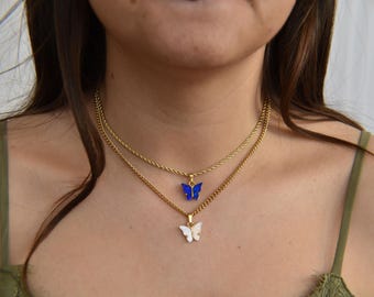 Gold Filled Butterfly Charm Necklaces Angel Wings Fly Animal Insect Dark Blue Sky White Necklace Her Handmade Waterproof Personalized Gifts