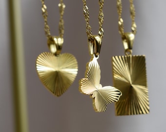 Gold Butterfly Heart Rectangle Pendant Necklace · Bar Card Shine Light Signet Jewelry · Unique Gift for Women Girl Friend Her Customizable