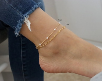 Women Gold Anklet ・ Ankle Bracelet Boho Indian Anklet ・ Waterproof Snake Link Chain Jewelry Beaded Gold Filled Pearl Anklet ・ Birthday Gift