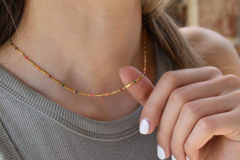 Gold Filled Colorful Necklace, Boho Style Bead Chain, WATERPROOF Jewelry Women Summer Style Necklace Kids Necklace Elegant Dainty Daily Thin image 2