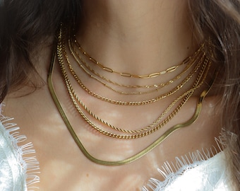 18K Gold Chain Necklace - Twist Link Figaro Bead Curb Herringbone Snake Pearl Chain Necklace for Waterproof Gold Filled Everyday Minimalist