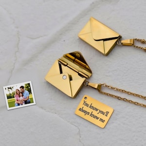 18k Gold Love Message Envelope Locket Necklace - Customizable Photo for Him and Her WATERPROOF Picture Memorial Locket Christmas Women Gift