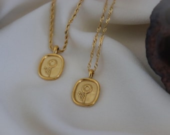 Gold Sun Flower Necklace- Personalized Oval Coin chains- Best Rose Gift for Her WATERPROOF Jewelry Adjustable Chains - Engravable Pendants
