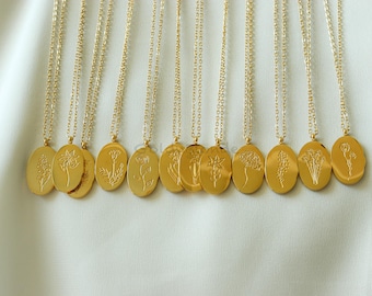 18K Gold Birth Flower Necklace Custom Personalized Pendant Zodiac Birth Month Gold Jewelry Her Waterproof Necklace Birthday Anniversary Gift