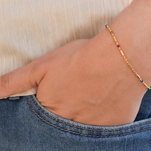 Gold Filled Bracelet Colorful Beaded Chain Kids Bracelet Pink Green Bead, WATERPROOF Gold Christmas Handmade Gift For Child Her Mom Toddler