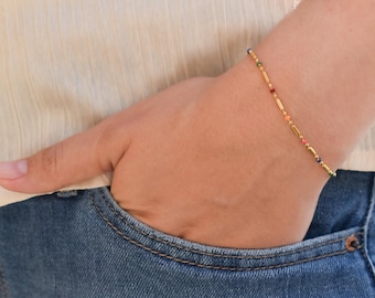 Gold Filled Bracelet Colorful Beaded Chain Kids Bracelet Pink Green Bead, WATERPROOF Gold Christmas Handmade Gift For Child Her Mom Toddler