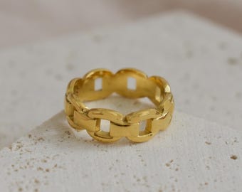 Gold Chain Ring Gold filled Stainless Steel Waterproof Vintage Style Statement Ring Signet Waterproof Jewelry Non Tarnish Finger Rings Gift