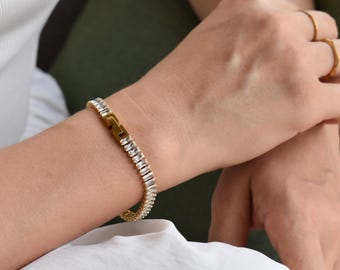 18k Gold Tennis Baguette Women Mens Bracelet Ankle Bracelet Anklet Gold Jewelry Crystal Diamond Zircon Jewelry Waterproof Gold Handmade Set