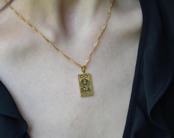 Gold Strength Zodiac Sign Tarot Card Necklace Non Tarnish Lion Power Force Sun Fortune Star Moon Heart Mystic Jewelry Astrology Personalized