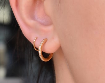 Gold Twist Earrings ・Gold Filled Multiple Diamond Double Hoop Stone Daily Minimalist Everyday Waterproof Handmade Jewelry Gift Women Gold