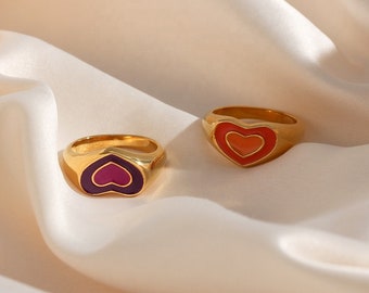 Colorful Statement Heart Rings Stackable Pink Green Red White Black Purple Black Heart Rings Gold Jewelry Shower Ready Custom Engraved Rings