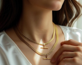 GOLD FILLED T Bar Pendant Necklace - Vintage Choker Necklace Solid Bar Chain Her Women Birthday Gift for Wife Anniversary Waterproof Elegant