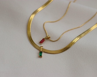 Gold Filled Herringbone Chain Gem Charm Necklace - Zircon Variety Color Necklace Snake Thin Minimalist Emerald Ruby Black - Her Jewelry Gift