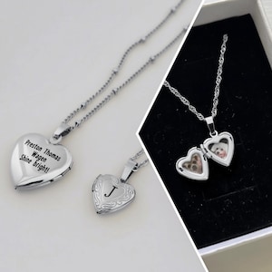 Silver Heart Locket Necklace - Custom Engraved Stainless Steel Photo Necklace, Personalized Gifts, Memorial Christmas for Her Him Minimalist