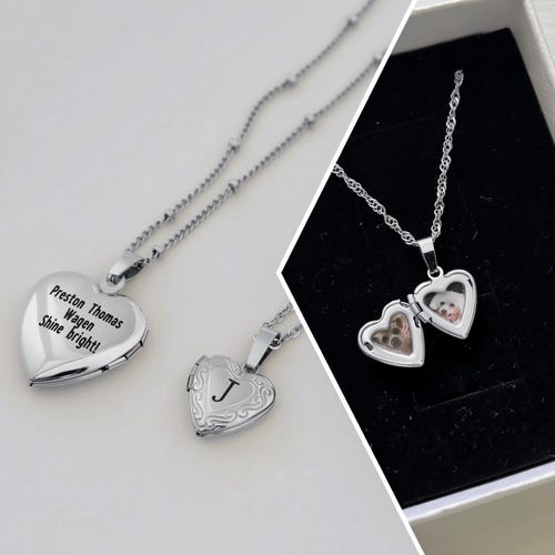 Collier médaillon coeur en argent - Collier photo personnalisé en acier inoxydable gravé, cadeaux personnalisés, Noël commémoratif pour elle, lui, minimaliste