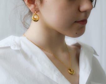 Gold Rain Drop Earrings • Smooth Waterdrop Charm Hoop Earrings • Double Hoop Huggie Drop Earrings • Necklace SET Minimalist Waterproof Gift