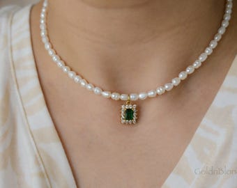 Freshwater Pearl Choker Necklace Cubic Zircon Pendant Gold Necklace Hoop Drop Earrings Women Choker Gold Charm WATERPROOF Handmade Best Gift