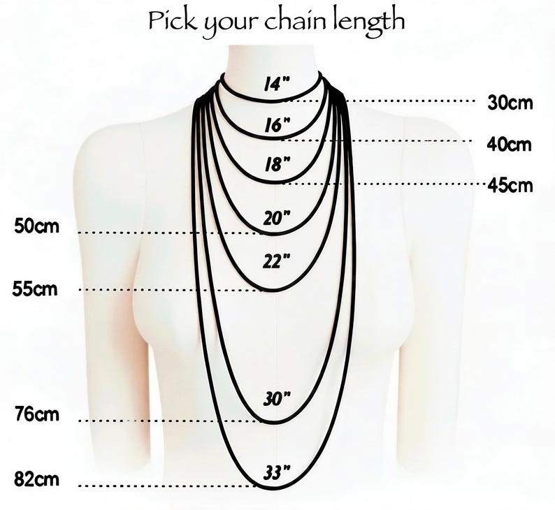 The image is a diagram that shows the relationship between the chain length and the corresponding necklace size. It provides a visual representation of how the chain length is measured in centimeters and how it corresponds to the size of the necklace.