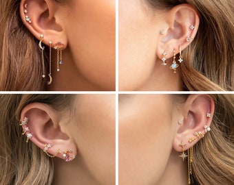 Gold Piercing Earring, Earring Set, Cute Stud Earrings, Hoop Piercing, Cartilage Piercing, Moon Cloud Star, Girl Helix Red Amethyst Earrings