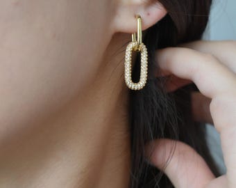 Gold Earrings with CZ Crystal Green Zircon Stone Smooth Sparkling Hoop Dangle Earrings Gold Filled Waterproof Minimalist Her Woman Best Gift