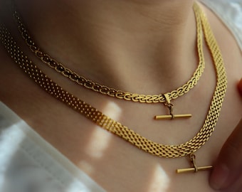 GOLD FILLED T Bar Pendant Necklace - Vintage Choker Necklace Solid Bar Chain Her Women Birthday Gift for Wife Anniversary Waterproof Elegant