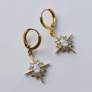 Opal Stone GOLD Hoop Earrings ・Dangle Shining Star Opal Gemstone Silver Vermeil Set WATERPROOF Earring for Woman Girl Christmas Gift for Her