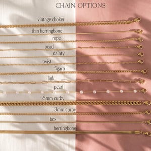 a variety of gold chain options, each with different lengths and designs, arranged on a pink background.