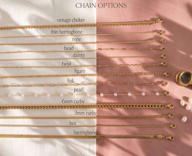 a variety of gold chain options, each with different lengths and designs, arranged on a pink background.