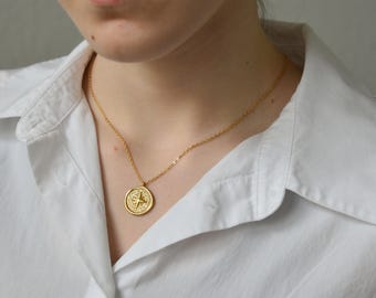 Gold Filled Compass Charm Necklaces - Non Tarnish Waterproof Pendant Chain Coordinate Compass North South Minimalist Christmas Her Gift