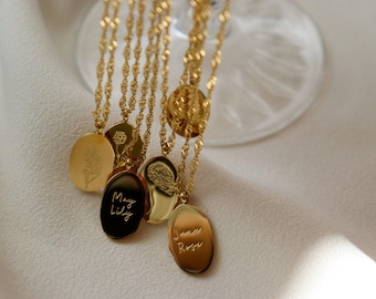 Gold Birth Flower Necklace, Floral Necklace, Gold Pendant Necklace, Zodiac Necklace, Birth Month Womens Gold Necklace, Waterproof Jewelry