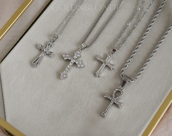 Silver Cross Necklace, Jesus Ankh Cross Charm Necklace, Silver Chain Necklace, Pray Necklace Waterproof Minimalist Necklace Gift For Him Her