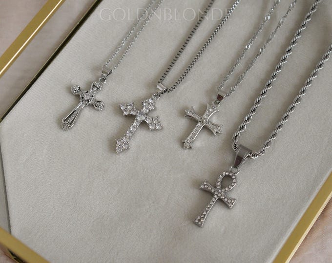 Featured listing image: Silver Cross Necklace, Jesus Ankh Cross Charm Necklace, Silver Chain Necklace, Pray Necklace Waterproof Minimalist Necklace Gift For Him Her