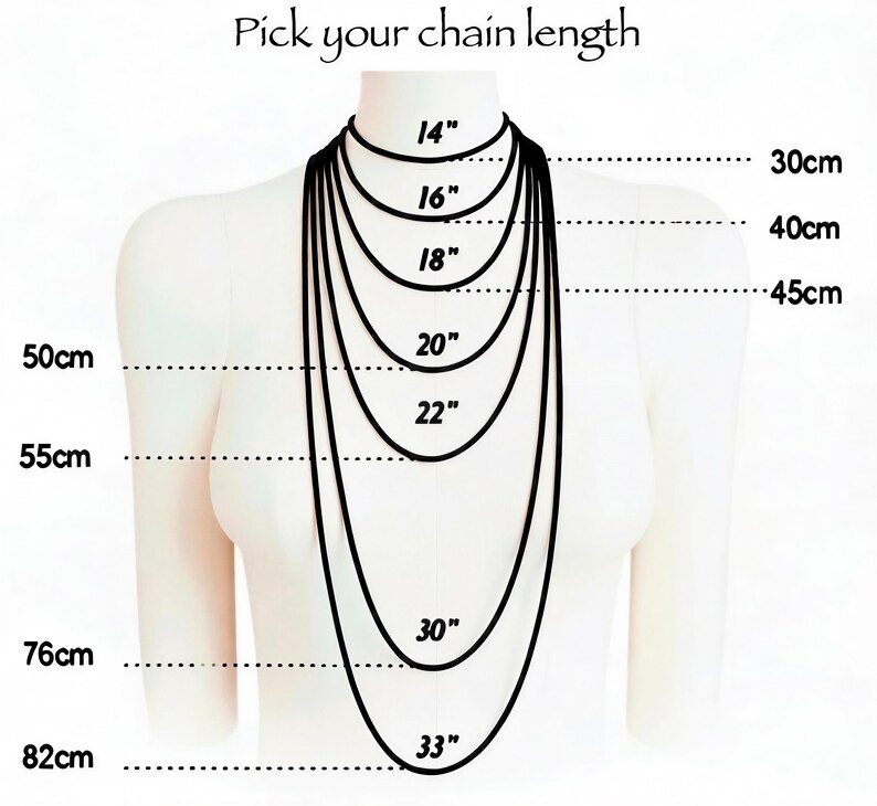 The image is a diagram that shows the different chain lengths in centimeters, ranging from 18 to 82 centimeters. It provides a visual representation of the various chain lengths available for selecting a necklace length.