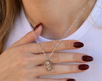 Silver BirthFlower Necklace, Floral Necklace, Flower Necklace, Zodiac Necklace Her  Birth Month Gift Minimalist Necklace, Waterproof Jewelry