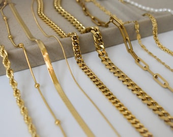 18K GOLD Chain Necklace - Thick Big Link Chain Twist Figaro Bead Herringbone Necklace Pearl Waterproof Necklace for Women Men Christmas Gift