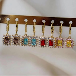 Square Pendant CZ Cubic Zircon Crystal 18k GOLD Charm Hoops Earrings Ruby Turquoise Brown Stackable Dangle Women Gift for Her Mom BFF