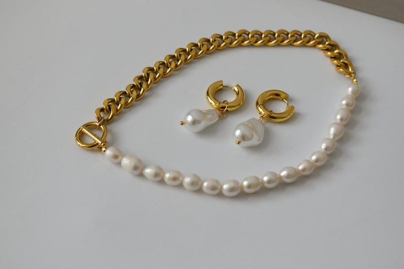Boucles d'oreilles pendantes en perles baroques remplies d'or, bijoux vintage, boucles d'oreilles imperméables, boucles d'oreilles ras de cou en perles, parure de bijoux faits main, cadeau d'un ami image 7