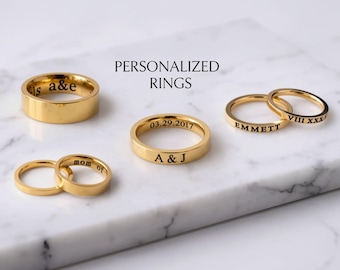 Gold Personalized Band Rings Modern Everyday Rings, GOLD Wedding Statement Engraved Minimalist WATERPROOF Jewelry Gift For Her Him Man Rings