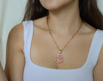Gold Filled Buddha Necklace ・ Jade Buddha Statue Chunky Necklace Waterproof Non Tarnish Pink Buddhism Religious Jewelry Gift for Her Women