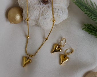 Gold Heart Necklace Heart Earrings Set・Waterproof Solid Icon Handmade Jewelry Heart Shape Vintage Style Jewelry Gift Bridesmaid Best Gift