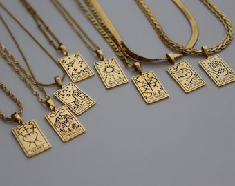 Gold Rectangle Zodiac Sign Tarot Card Necklaces Anti Tarnish Tarot Birth Month Jewelry Sun Fortune Star Moon Heart Minimalist Mystic Jewelry