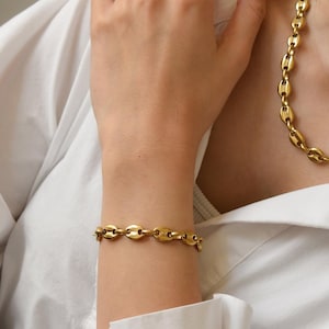 Gold Coffee Bean Bracelet for Women- Gold Filled Stainless Jewelry Set- Link Choker Bracelet- Best Gift Set- Waterproof Necklace Anklet Set